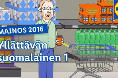 Animated shopper in a supermarket aisle holding a can beside a shopping cart, visually representing tuotteiden suosiminen.