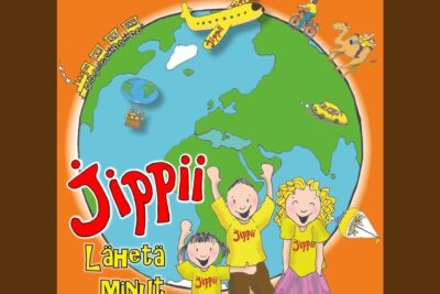 Cartoon globe with three smiling children and travel icons suggesting tuuli puhaltaa breeze