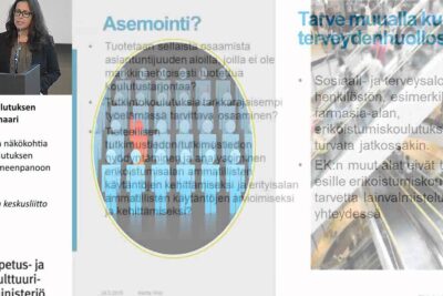 A presentation slide with a speaker and an infographic illustrating tyovoiman uudistuksen and cross-sector workforce needs