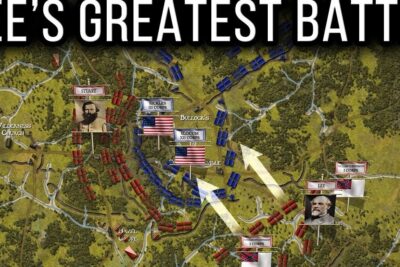 Detailed illustrated battlefield map with labeled units, flags and movement arrows illustrating ulemper eu unionen.
