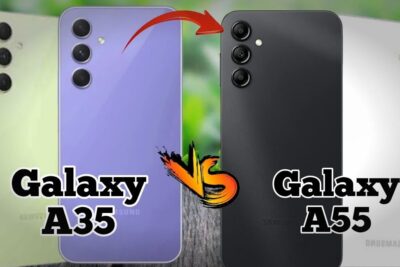 Rear view comparison of Galaxy A35 and Galaxy A55 highlighting ulemper mobiltelefoner in camera placement and finish.