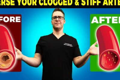 Medical presenter between before-and-after artery illustrations highlighting ulemper rygning and clogged arteries.