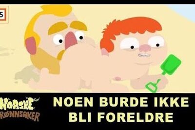 Cartoon parent and child playing on a sandy beach with a green toy shovel, clear Norwegian caption, ulovlig gruvedrift