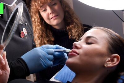 Patient receiving a cosmetic lip injection from a gloved practitioner, ulovlig minedrift