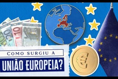 Collage of euro banknotes, a euro coin, the EU flag and a highlighted Europe map illustrating uniao europeia 3.