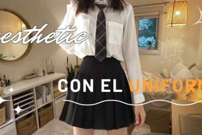 Individual wearing a white button-up shirt, patterned tie and black pleated skirt as an uniforme escolar 10.