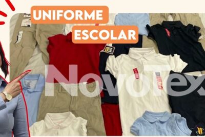 Neatly arranged school uniform pieces including polo shirts, khaki pants, skirts and a red sweater labeled uniforme escolar 12