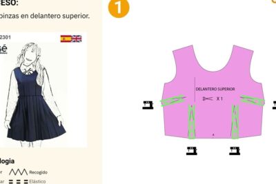 Front bodice sewing pattern and pleated pinafore illustration labeled uniforme escolar 9