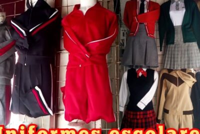 Mannequins displaying varied school outfits with jackets, pleated skirts, sweaters and plaid patterns, uniformes escolares 1.