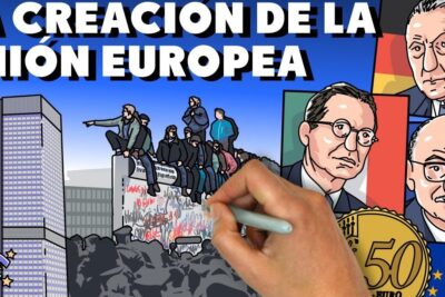 Colorful illustration depicting the creation of the European Union with leaders' portraits, a 50 euro coin, euro symbol, high-rise institutions, a graffiti-covered wall scene and a hand drawing — union europea 2