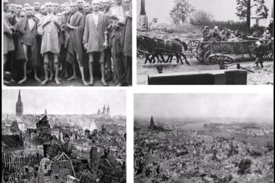 Black-and-white collage of malnourished detainees, horse-drawn refugee wagons, and bombed-out cityscapes — unionin euroopan 1