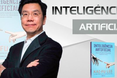 Portrait of an author standing with arms crossed next to a book about artificial intelligence, referencing universell grundinkomst