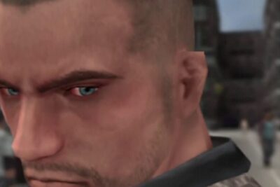 Close-up of a rugged male character with intense blue eyes and stubble for uran ring imagery