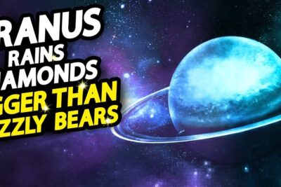 Bright blue uranus ringer illustration with glowing planetary rings next to a bold headline about diamond rains.