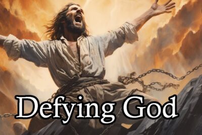 A dramatic depiction of a chained man breaking free beneath fiery skies with the bold title 'Defying God' and uskovat etta 14.