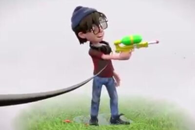 3D animated boy in a beanie and glasses holding a colorful water blaster on a grassy patch - uso celular 2