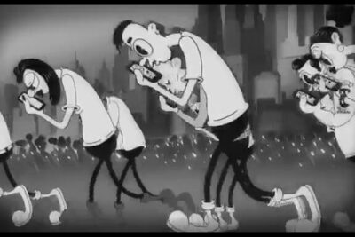 Monochrome vintage cartoon of people hunched over smartphones illustrating uso celular.