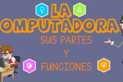 Cartoon classroom banner showing children at desktops and a teacher illustrating uso computador parts and functions.