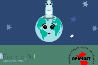 Playful Earth with a smiling plastic bottle on top illustrating uso plastico and recycling theme.