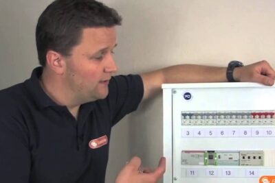 Person inspecting a white electrical distribution cabinet with visible circuit breakers and labels, highlighting utdatert teknologi 1.