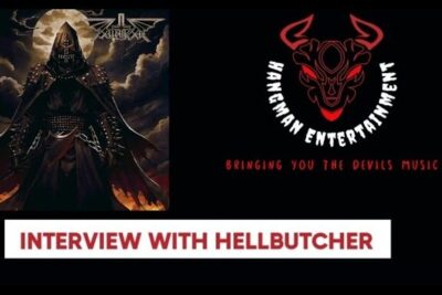 Dark metal interview banner showing a hooded armored figure, a red devil logo, and bold interview text with utova religion undertones.