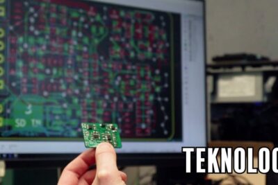 Hand holding a small green printed circuit board in front of a computer screen showing a PCB layout, highlighting uudet teknologiat