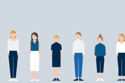 Flat vector illustration of diverse people standing in a row representing community support for vaccination papillomavirus