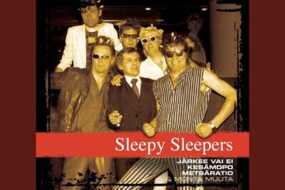 Sepia group portrait album cover of Sleepy Sleepers with red banner featuring the phrase vai ei 2