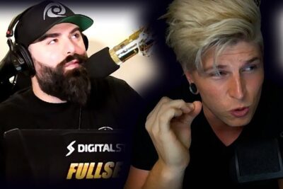 Two podcast hosts in an intense livestream discussion with microphones and headphones, vaittavat etta 10.