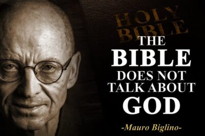 Close-up sepia portrait of an older man with round glasses beside bold text 'The Bible does not talk about God' vaittavat etta 11