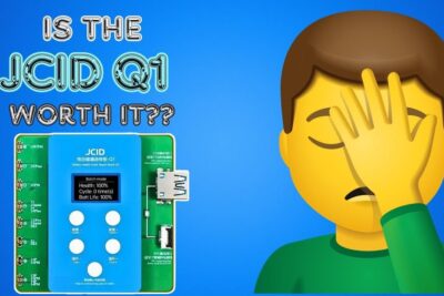 Thumbnail showing a JCID Q1 battery repair board with a small display and a facepalm emoji questioning its value vaittavat etta 12