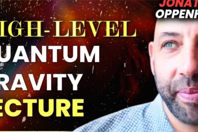 Close-up of a male presenter beside bold 'Quantum Gravity Lecture' text on a cosmic background with vaittavat etta 6