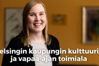 Smiling woman portrait in front of Finnish text promoting vapaa ajan toiminta 1