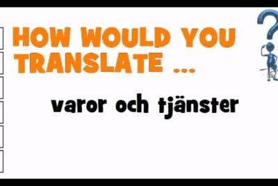 Educational slide asking how to translate the Swedish phrase varor tjanster