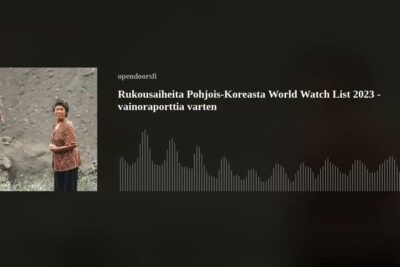 Two villagers on rocky terrain beside a waveform and Finnish World Watch List headline featuring vastainen laki 1