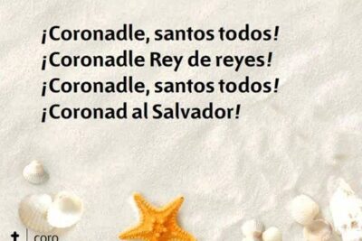 Spanish Coronadle hymn text on a sandy background with seashells and starfish featuring ved a 2