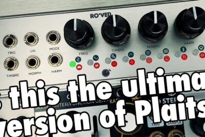 Close-up of a modular synthesizer control panel showing frequency, timbre and morph knobs, patch jacks and bold overlay text with ved a 3