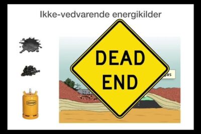 Presentation slide showing oil, coal and gas with a large 'DEAD END' sign, promoting vedvarende energikilder