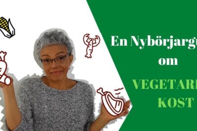Smiling woman presenting a beginner guide with illustrated vegetables and text about vegetarisk kost 1.