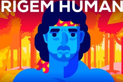 Stylized blue human portrait set against a vivid orange and yellow forest background vida humana 11