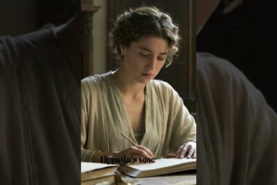 Young woman in historical clothing writing by hand at a wooden desk, evoking videnskabelig fanatisme.