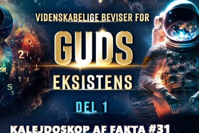 Astronaut and cosmic collage with glowing numbers and bold gold headline highlighting videnskabelige beviser