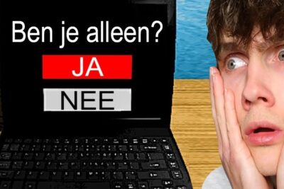 Surprised young man beside a laptop displaying bold yes and no buttons in a dramatic video datorspel thumbnail
