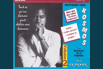 Black-and-white contemplative portrait on a retro album cover with blue typographic panels and the text vie privee 2