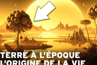 Surreal golden landscape with bulbous fruit-like trees, reflective lakes and a prominent sun-like orb labeled vie terre 1.