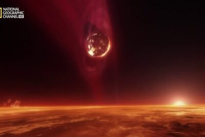 Red-orange alien horizon beneath a glowing molten world vie terre