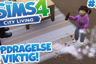 Toddler Sim in a purple hoodie cleaning a spilled mess on a wooden floor in a City Living game scene