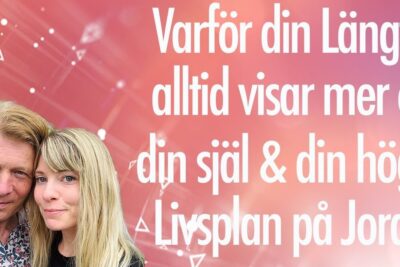 Smiling couple close-up against a pink gradient background with large Swedish headline text and graphic accents, viktig del 2