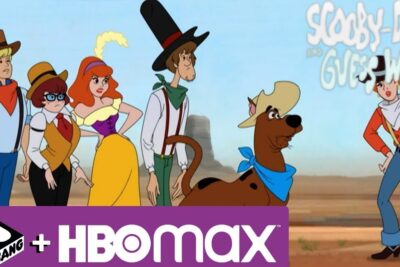 Animated western-themed mystery gang with a large brown dog and streaming logos in a virtuel verden