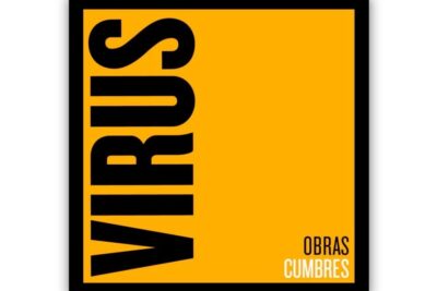 Minimalist yellow poster with bold vertical VIRUS lettering and small OBRAS CUMBRES tag, virus ar